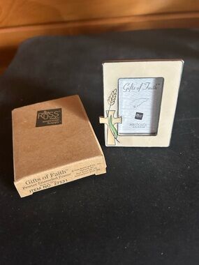 Russ Cream Enamel Mini Frame with Gold-Tone Cross and Green Accent